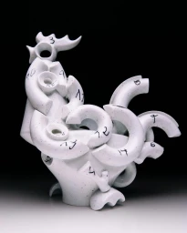 White ceramic sculpture in the shape of a rooster with curved tubular segments marked with handwritten numbers against a dark gradient background.