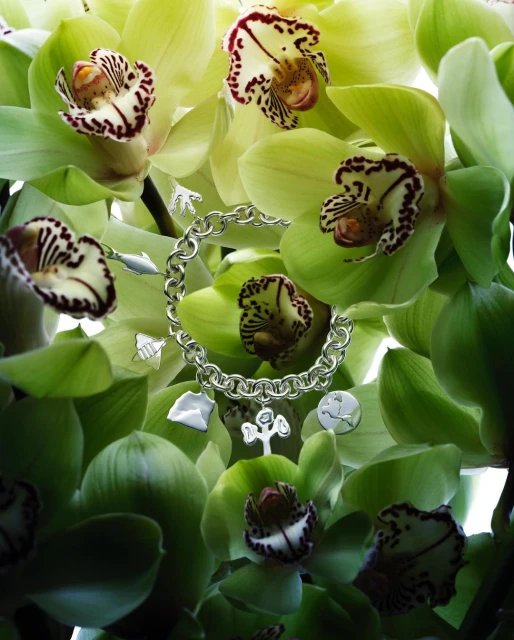 Silver chain link charm bracelet with charms displayed amongst green and white orchids, showcasing jewelry and nature photography.