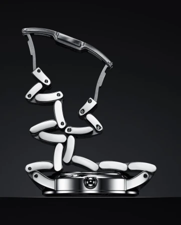 Elevated product shot of a silver and white watch with a deconstructed, sculptural metal band on a dark reflective surface.