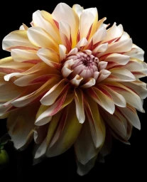 Close up macro photograph of a textured dahlia flower featuring white, yellow, and red variegated petals against a solid black background.
