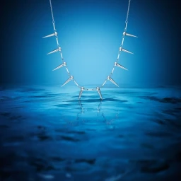 Silver spike necklace suspended over rippling deep blue water reflecting light in a studio setting.