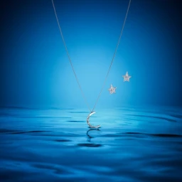 Silver crescent moon pendant necklace and star earrings suspended over rippling blue water