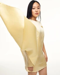 Woman in a pale yellow dress holding a matching yellow fabric billowing in the wind against a plain white background