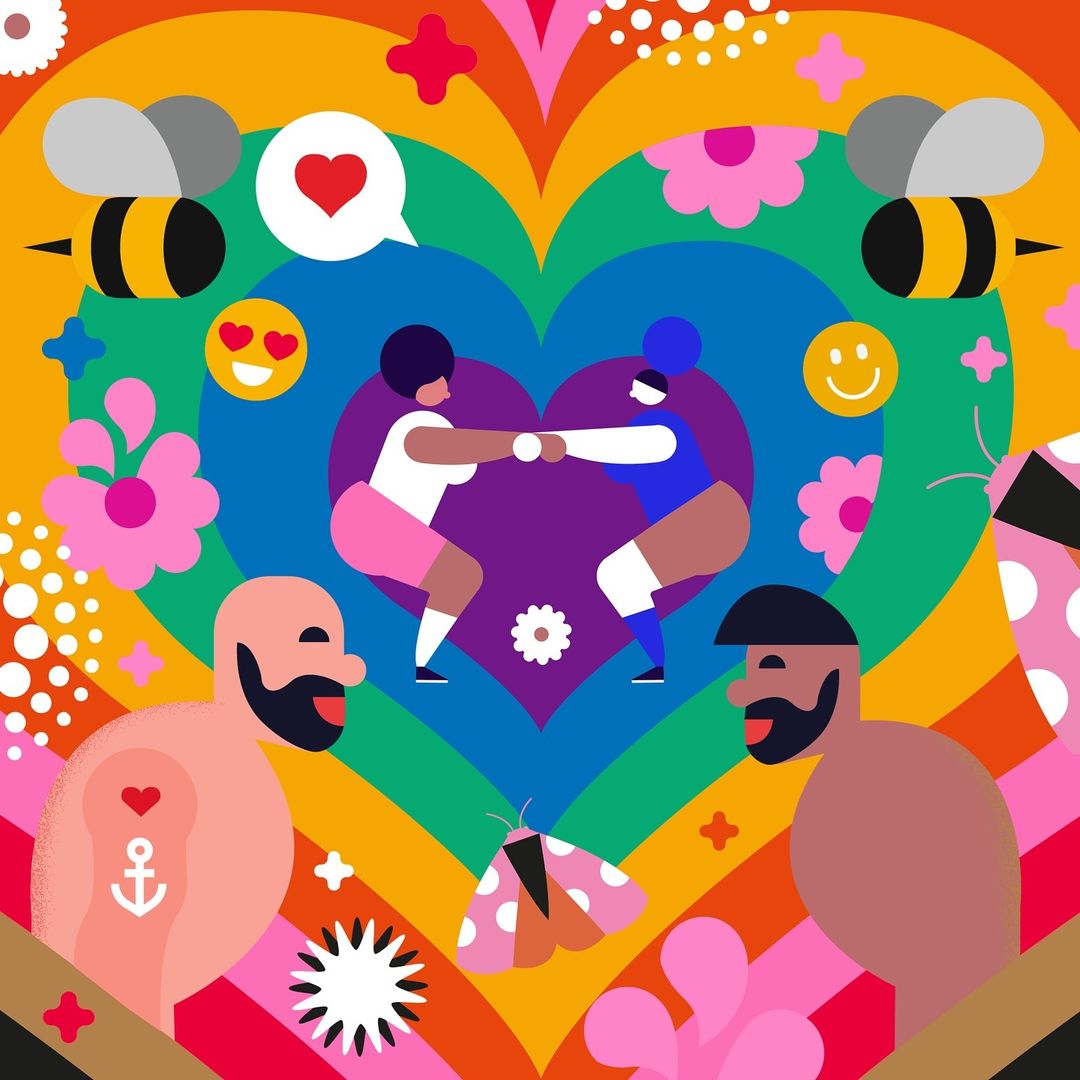 Whimsical illustration featuring two figures, bees, flowers, and hearts against a rainbow heart backdrop, promoting love and diversity.