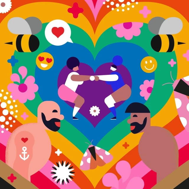 Whimsical illustration featuring two figures, bees, flowers, and hearts against a rainbow heart backdrop, promoting love and diversity.