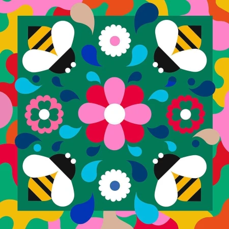 Whimsical illustration features bees and flowers arranged in a colorful, symmetrical pattern against a green background with playful shapes.