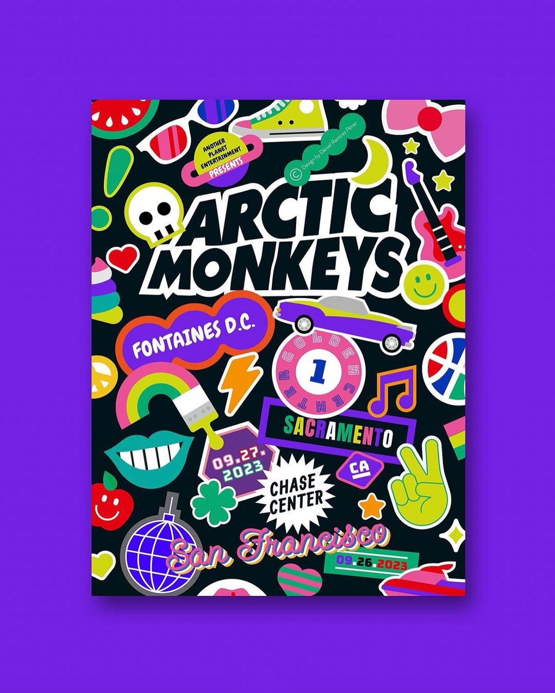 Colorful concert poster featuring Arctic Monkeys and Fontaines D.C. with various graphic sticker art on a solid purple backdrop.