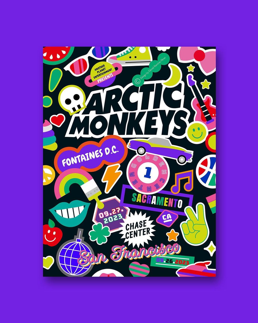 Concert poster art features Arctic Monkeys, Fontaines D.C. tour dates and venue names, with colorful, playful sticker graphics.