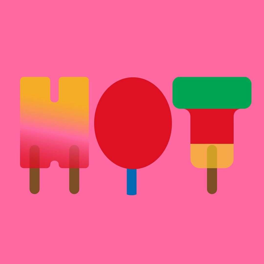 Colorful illustration of three stylized popsicles spelling out the word HOT against a vivid pink background. Flat design aesthetic.