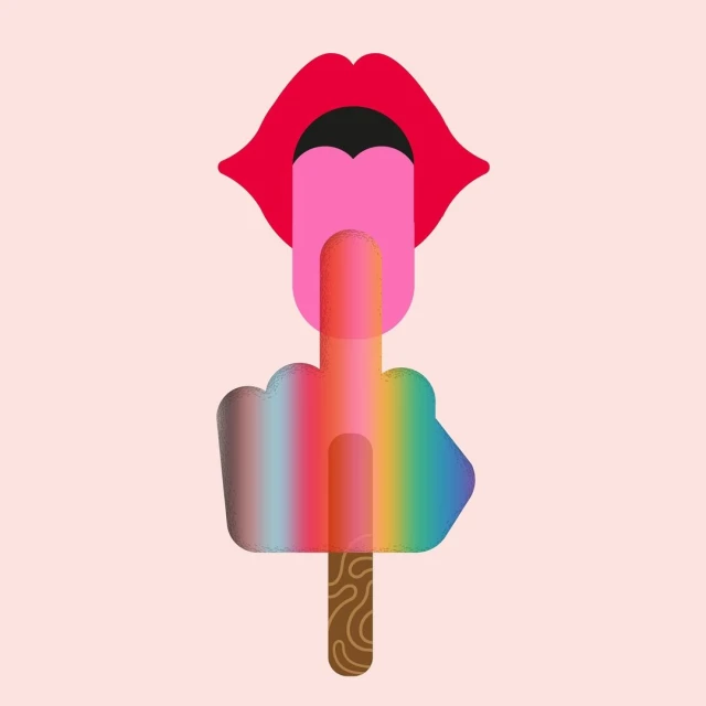 Illustration of an open mouth with a pink tongue touching a rainbow-colored hand with middle finger extended, against a light pink background.