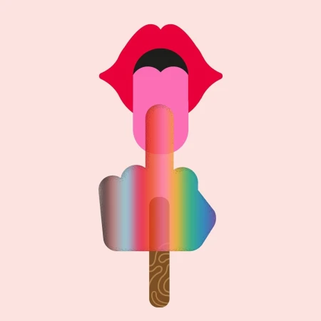 Illustration of an open mouth with a pink tongue touching a rainbow-colored hand with middle finger extended, against a light pink background.