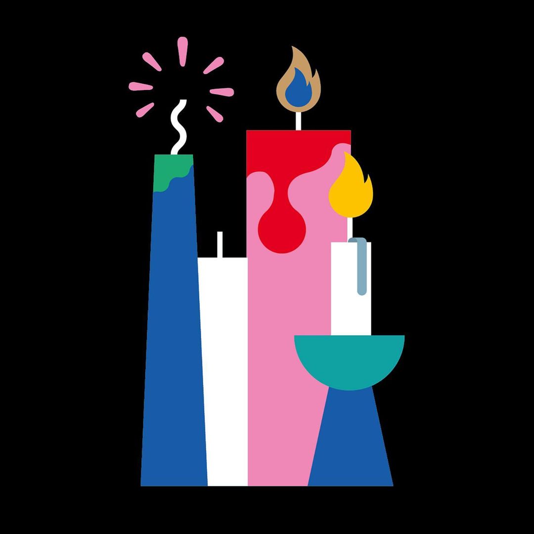Illustration of several candles of different heights and colors, some lit and some extinguished, on a black background.