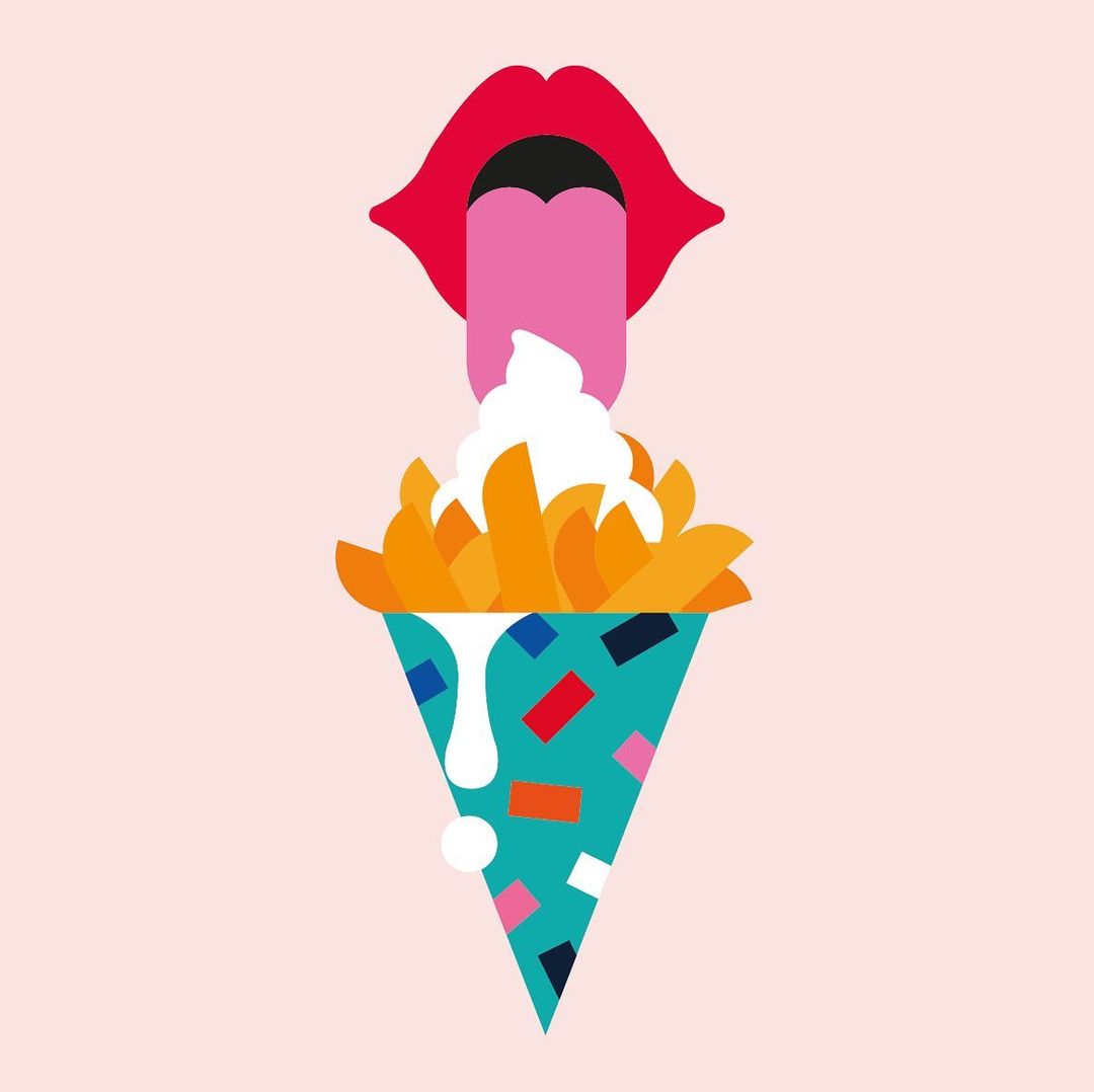 Illustrated graphic of red lips with tongue extended to white cream atop french fries in a teal cone with confetti on a pink background.