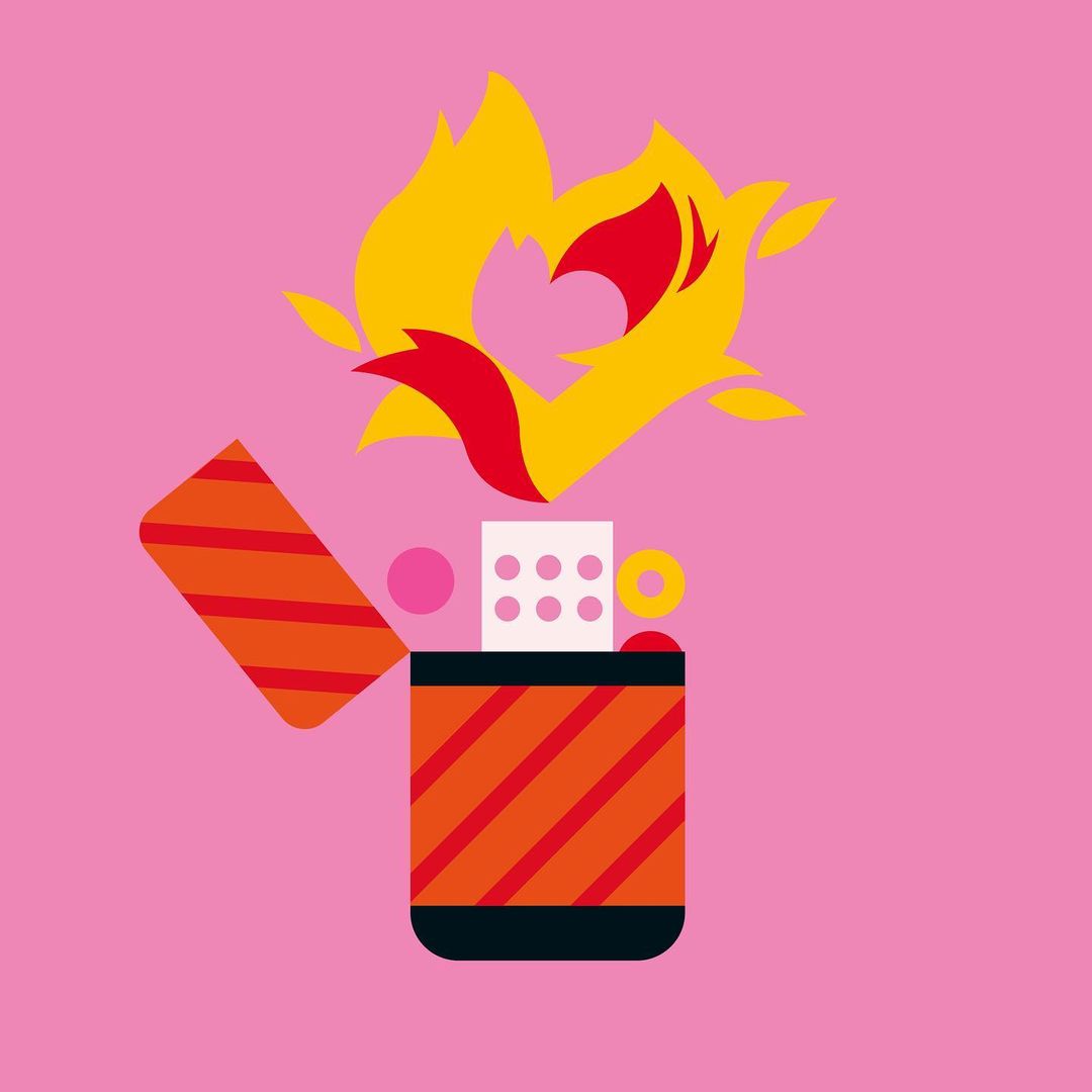 Graphic art of a stylized lighter emitting a flame. The lighter is striped in orange and pink, set against a pink background.