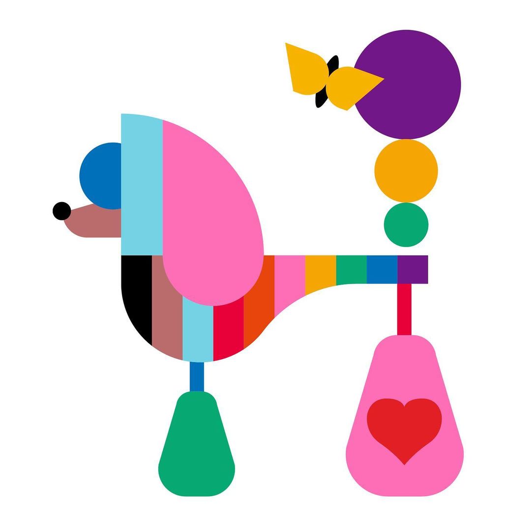 Abstract geometric poodle illustration with pink, blue, green, yellow, purple, red, and black shapes on a white background.