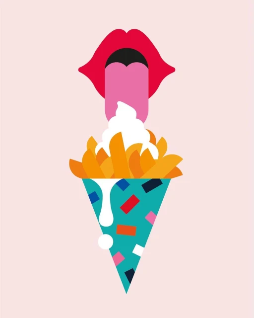 Digital illustration of stylized mouth and tongue reaching for a cone of french fries and cream on a light pink background.