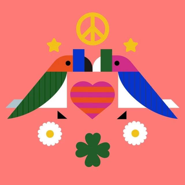 Colorful graphic art featuring two birds facing each other, a striped heart, peace sign, shamrock, and daisies on a pink background.