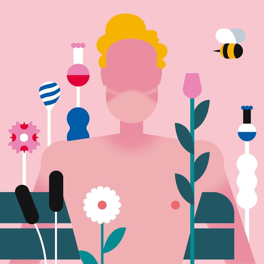 Abstract vector art features stylized human figure with flowers, lab glassware, and a bee on a pink background, creating a modern design.