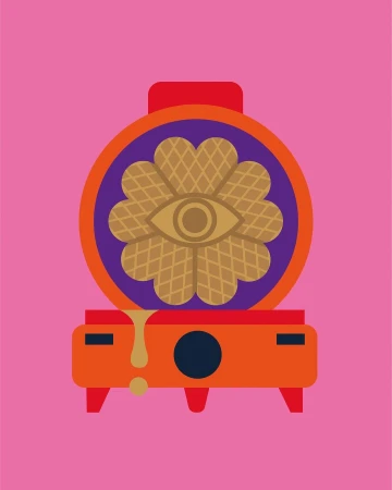 Modern graphic art: waffle maker cooking waffle with eye motif, red and orange, on pink background.