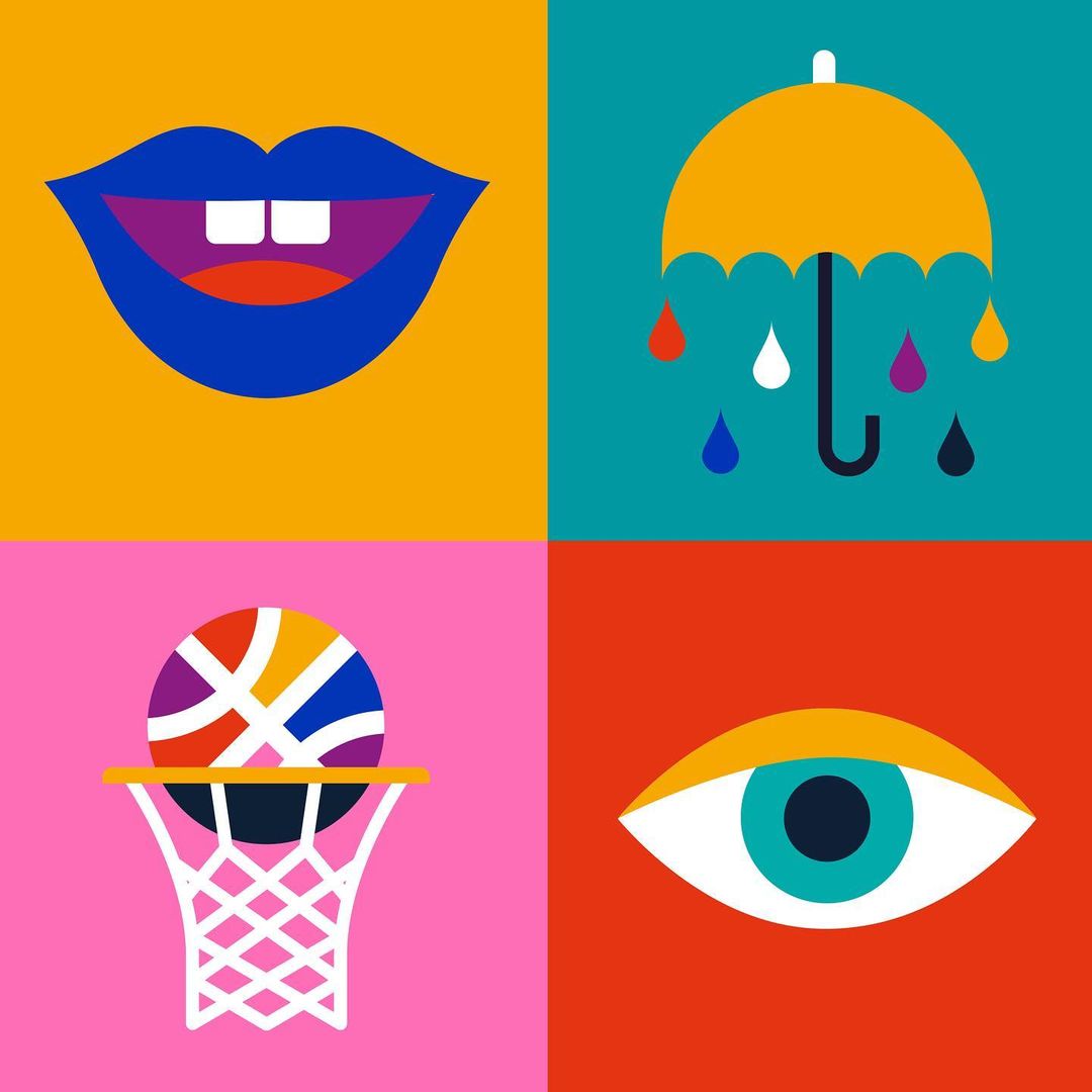 Colorful graphic illustration with lips, umbrella, basketball, and eye, each with a distinct, eye-catching design on a square background.