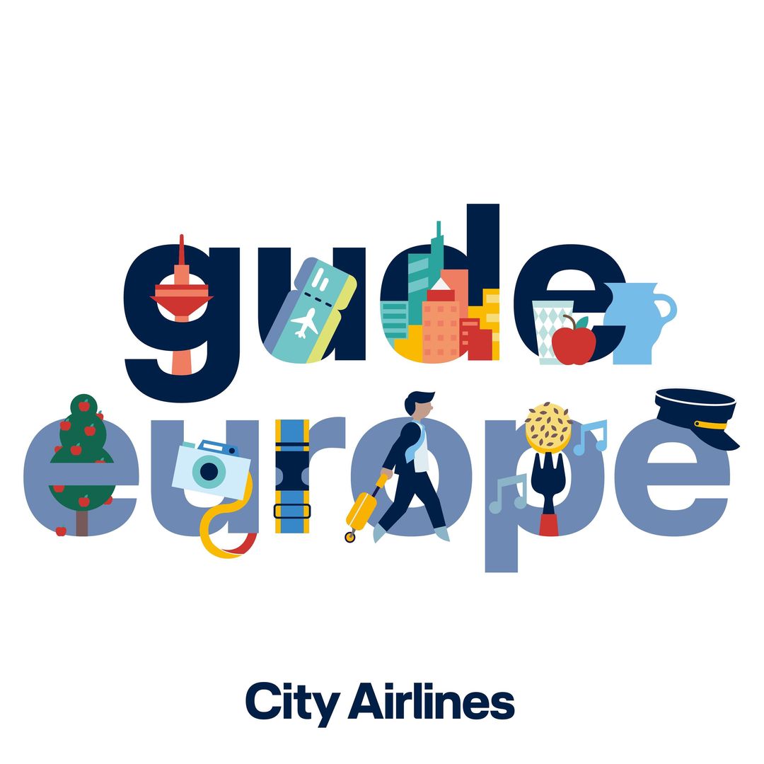 Colorful graphic illustration with travel icons forming 'Guide Europe' text, set against a clean white backdrop by City Airlines.