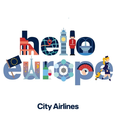 Colorful typographic illustration spells out 'Hello Europe' with landmarks and travel theme against a white background.