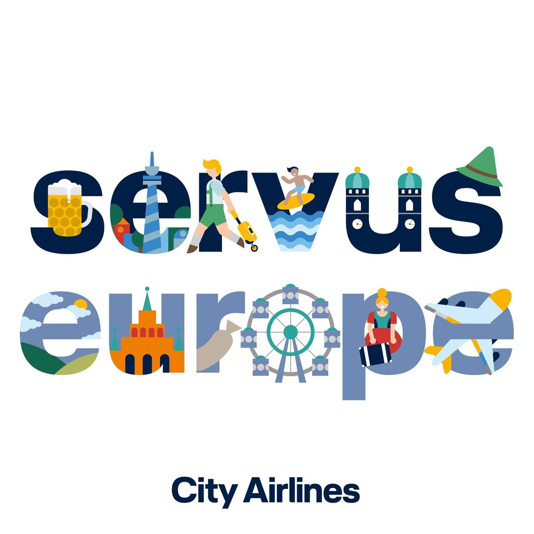Colorful graphic art spells "Servus Europe," featuring travel-themed icons incorporated into the letters, against a white background.