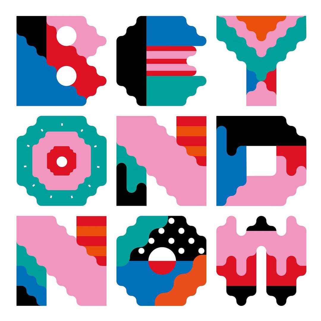 Abstract typography art featuring colorful, geometric letterforms. Bold colors, modern design, graphic letters on a white backdrop.