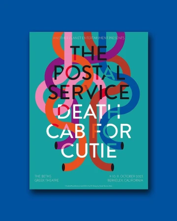 Poster featuring stylized typography and geometric shapes in vibrant colors. The poster advertises The Postal Service and Death Cab for Cutie.