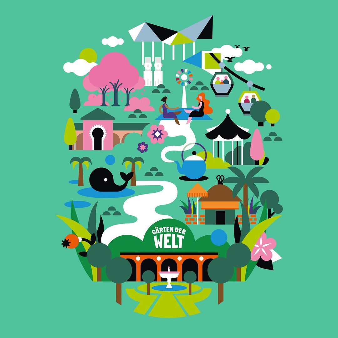 Colorful illustration of the Gardens of the World, featuring diverse architectural elements, lush greenery, and playful geometric shapes.