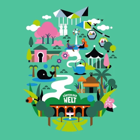 Colorful illustration of the Gardens of the World, featuring diverse architectural elements, lush greenery, and playful geometric shapes.
