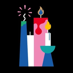 Digital illustration of colourful stylized candles with bright flames against a solid black background by Daniel Ramirez Perez