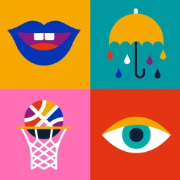 Digital illustration of four colorful panels showing lips, an umbrella with raindrops, a basketball hoop, and an eye.