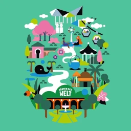Colorful vector illustration by Daniel Ramirez Perez featuring gardens of the world with parks, architecture, and cable cars against a turquoise background