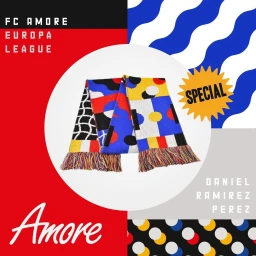 Folded patterned knit scarf with geometric abstract shapes displayed on white background within a graphic poster frame.