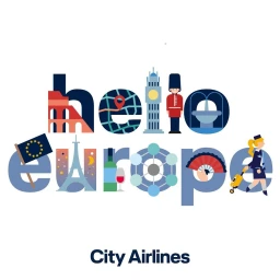 Colorful flat vector illustration of the words hello europe filled with European landmarks and iconography against a white background.