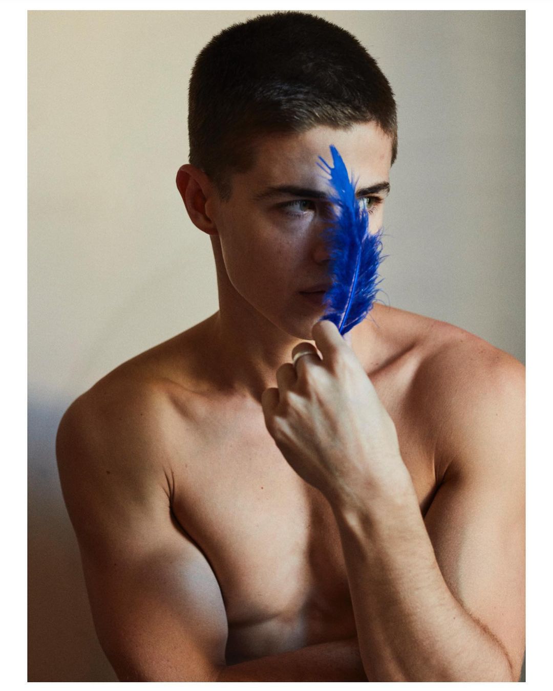 Portrait of shirtless young man holding a vibrant blue feather near his face against a neutral backdrop in a studio setting.