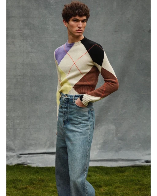 A young adult male fashion model in a patterned sweater and blue jeans stands in a photo studio against a gray backdrop with greenery.