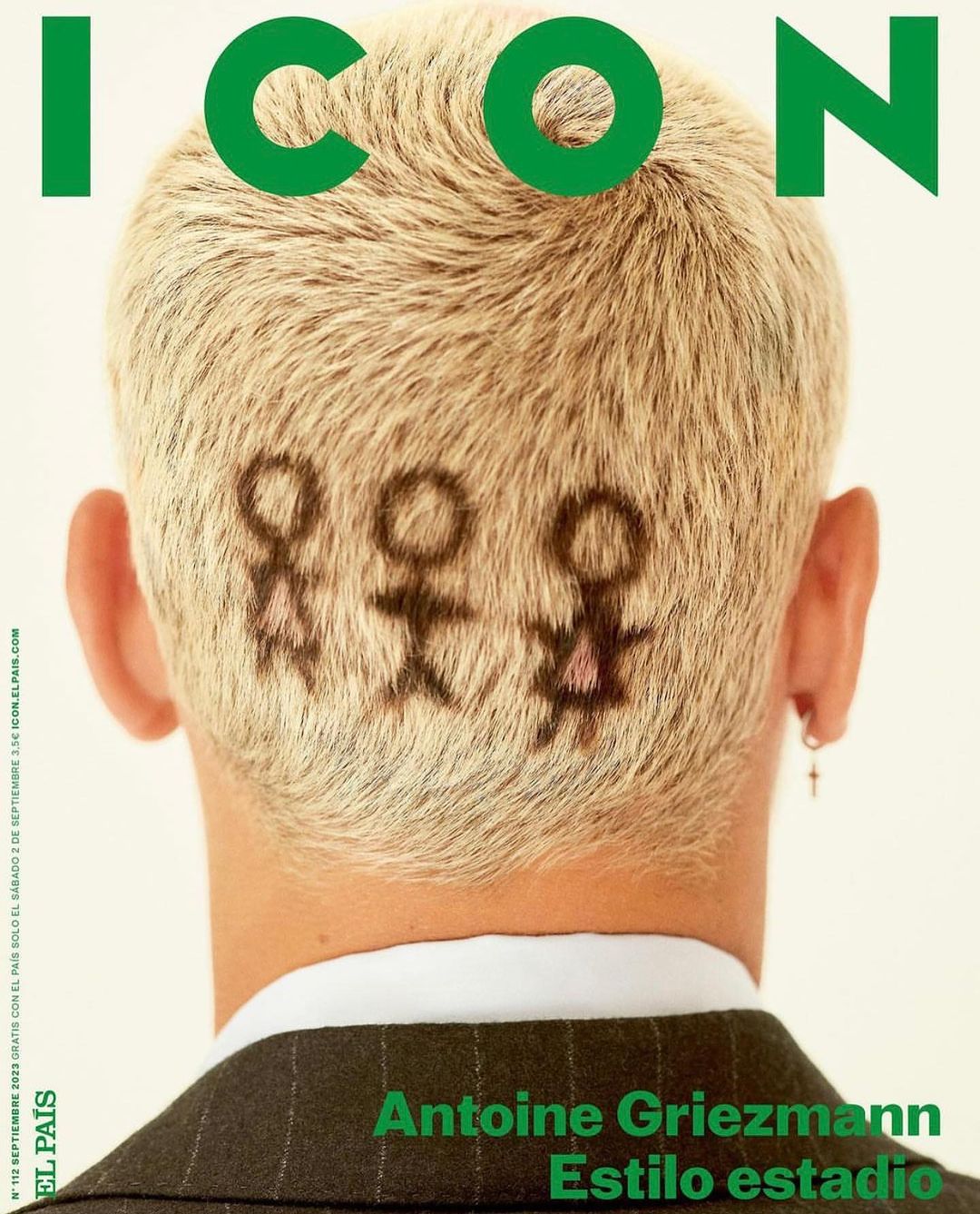 Magazine cover featuring Antoine Griezmann with stick figure family shaved into his hair, against a white background, in a studio setting.