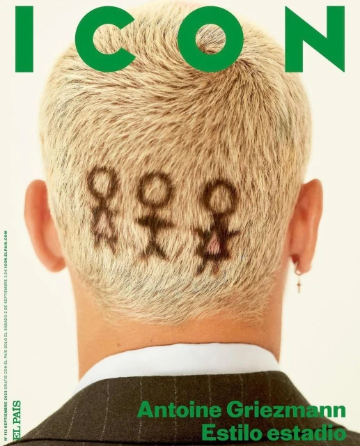 Magazine cover featuring Antoine Griezmann with stick figure family shaved into his hair, against a white background, in a studio setting.
