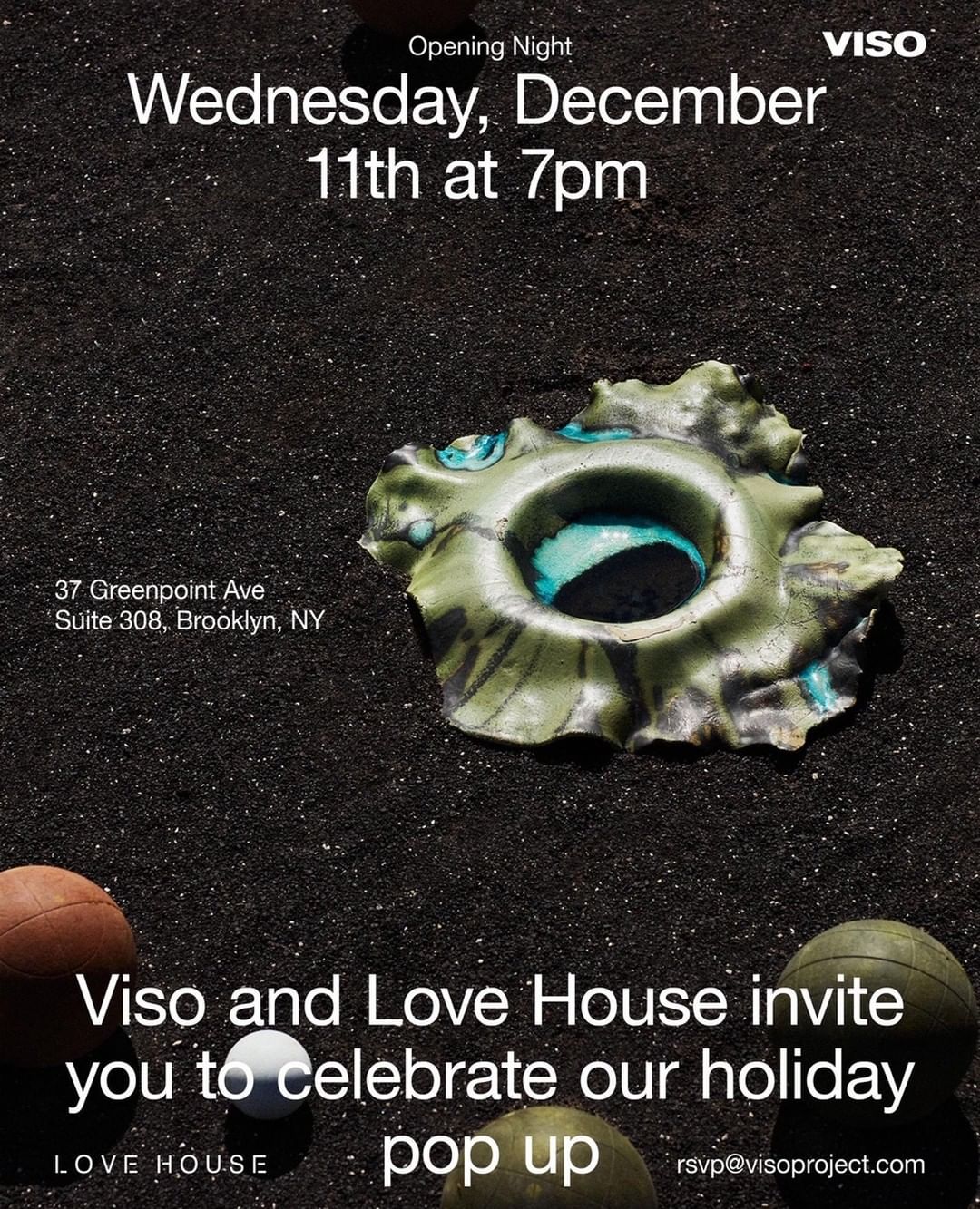 Viso and Love House event invitation with an abstract sculptural art piece, text overlay, and dark granular background.
