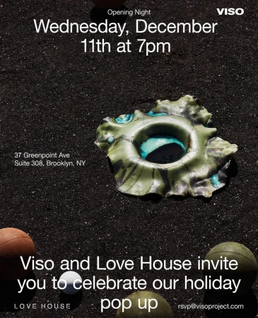Viso and Love House event invitation with an abstract sculptural art piece, text overlay, and dark granular background.