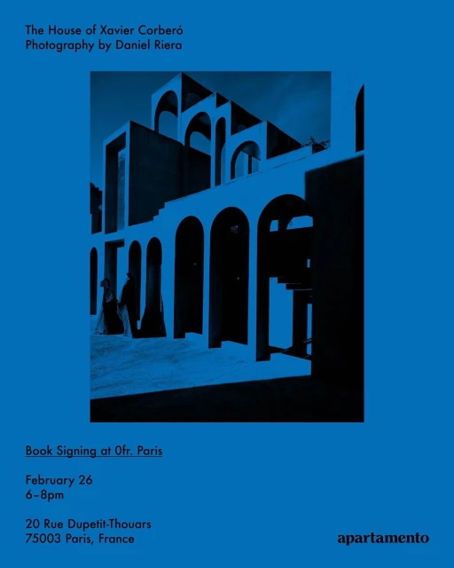 Architectural photograph of Xavier Corberó's building with arches, set against a solid blue background for a book signing event in Paris.