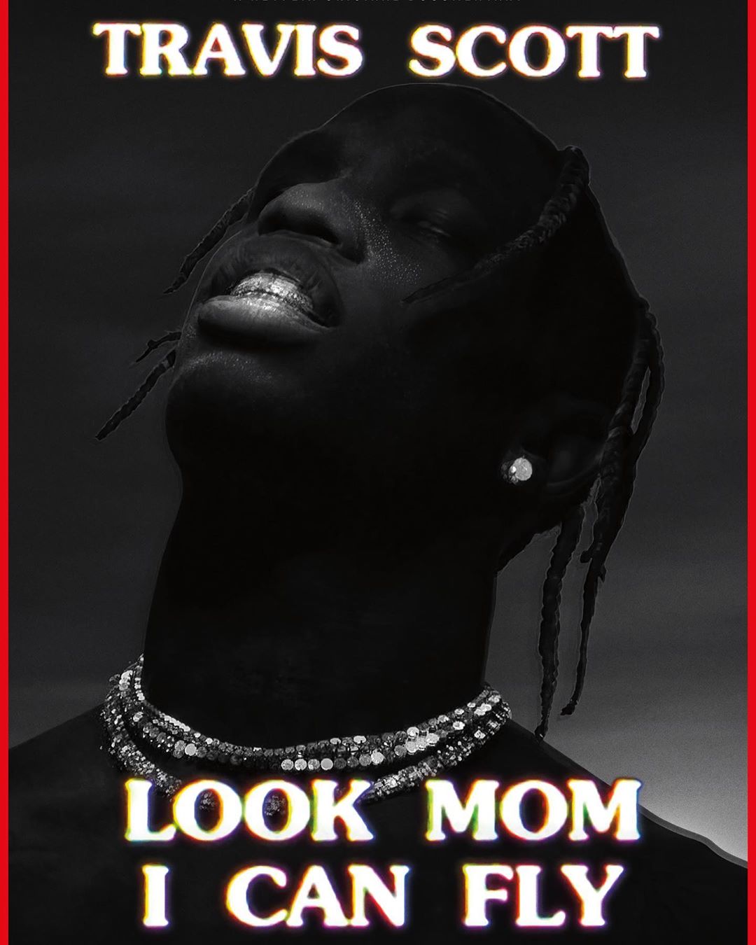 Portrait of Travis Scott with silver grill and beaded necklace, stylized in high contrast black and white with bold yellow text.