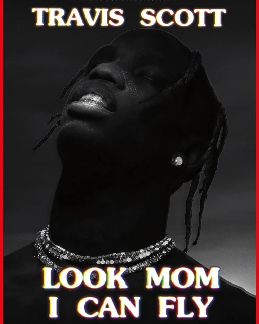 Portrait of Travis Scott with silver grill and beaded necklace, stylized in high contrast black and white with bold yellow text.