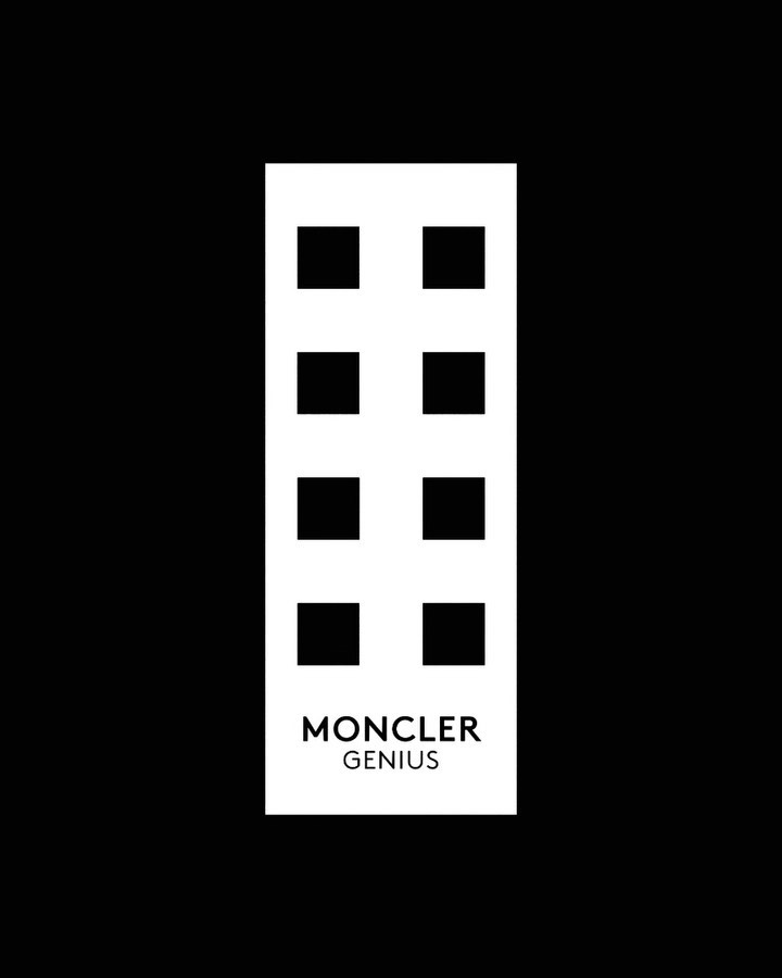 Moncler Genius logo on a rectangular shape with eight squares above the text against a dark black background in a high-contrast image.