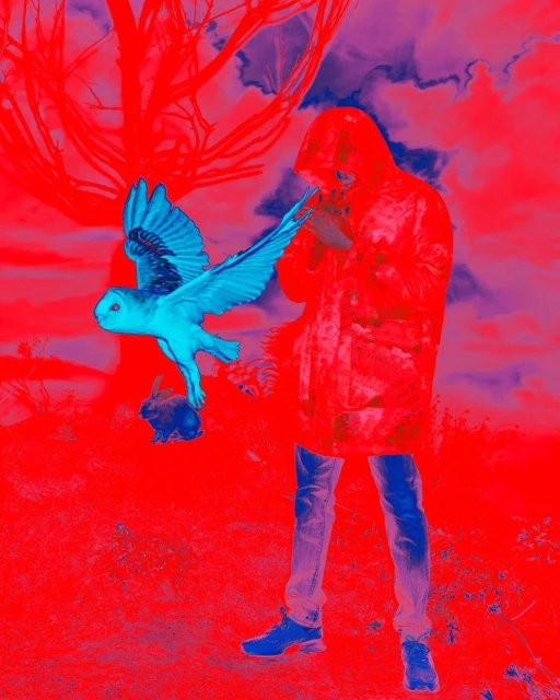 Person in hooded raincoat releasing an owl near a rabbit, set against a surreal red and blue outdoor landscape.