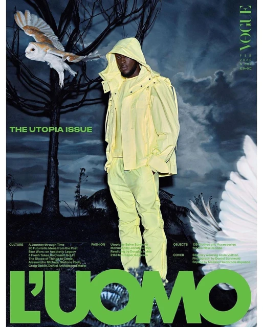 Vogue L'Uomo magazine cover featuring a hooded person in a yellow outfit, juxtaposed with an owl against a surreal, dark background.