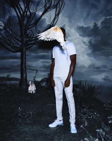 Artistic portrait of an adult male standing in a field with a white rabbit in the background, face partially covered by a bird wing.