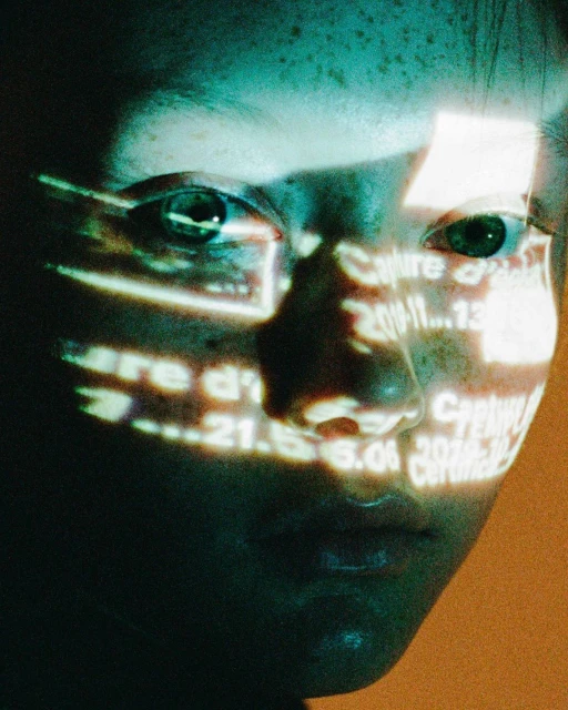 Woman's face close-up with projected digital text. Cyan and orange color palette with an artistic and technological feel. 